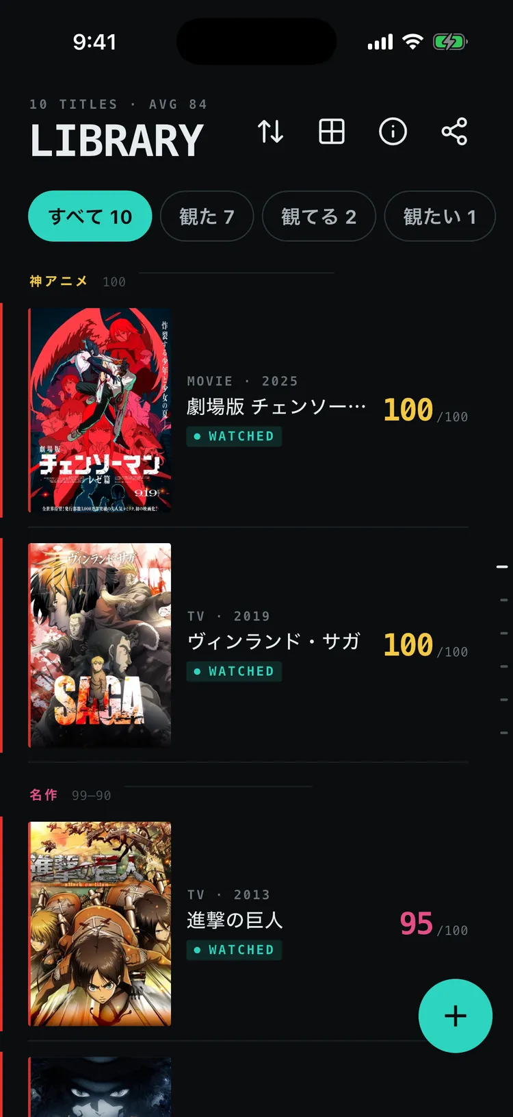 スコア降順で並んだライブラリ